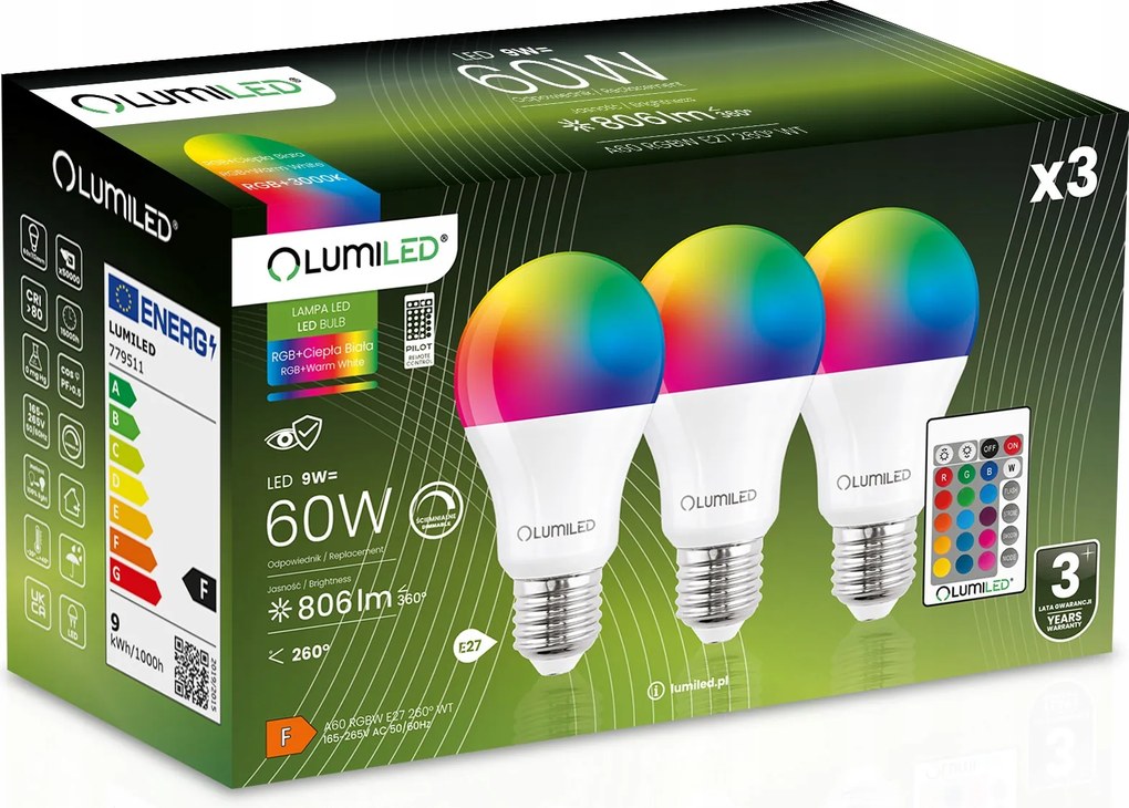 3x Led izzó E27 A60 9W 60W 806lm Rgb Többszínű Tompítható Távirányító