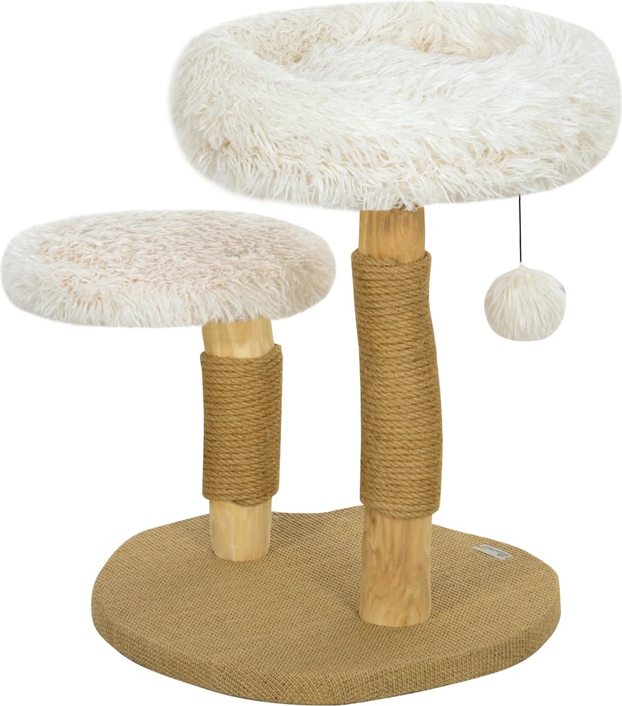 PawHut Kaparófával ellátott Macska Fa 61,5 cm magas Játék Labdával, Ágyakkal, Macska Torony Kaparó Lappal, 5 kg alatti Macskák számára, Körtés Fa, Feh