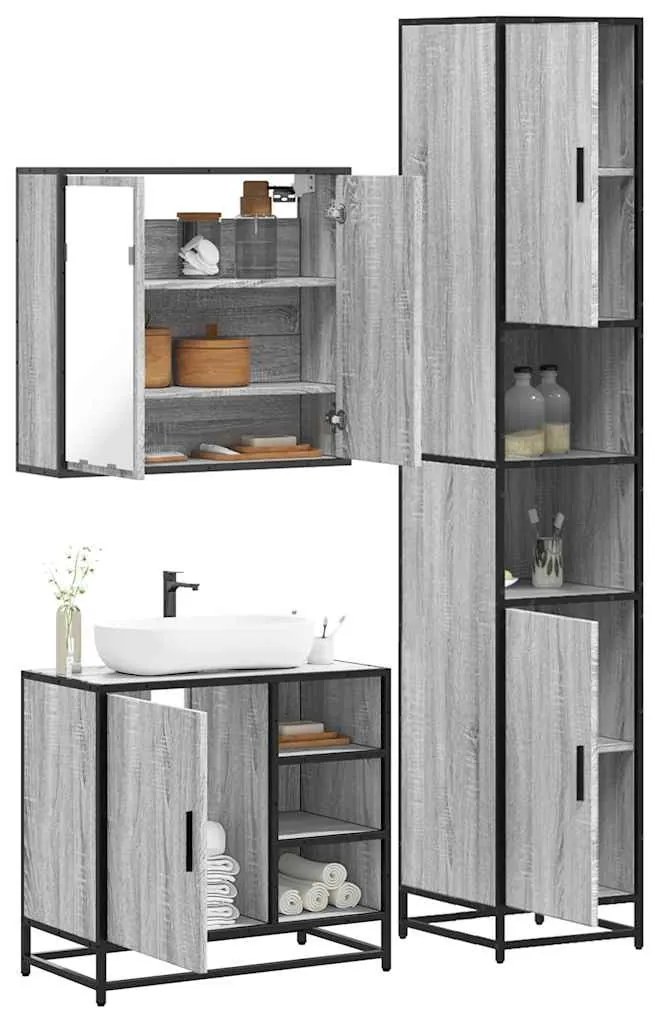 3 részes szürke sonoma színű szerelt fa fürdőszobai bútorszett