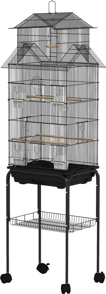 PawHut Madáretető Kerekekkel, Acél Madárház Etetőkkel, Ülőrudakkal, Hinta és Kivehető Tálca - Nagy Ketrec Papagájok, Kanárik, Hullámos Papagájok Számá