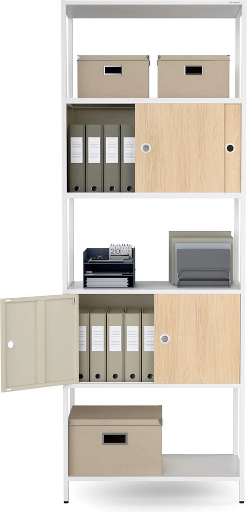 Iratrendező polc zárható szekrénnyel, irodai, nyitott polcok, fém fehér/sonoma tölgy, 800x2200x400 mm: ARIEL Eco Design