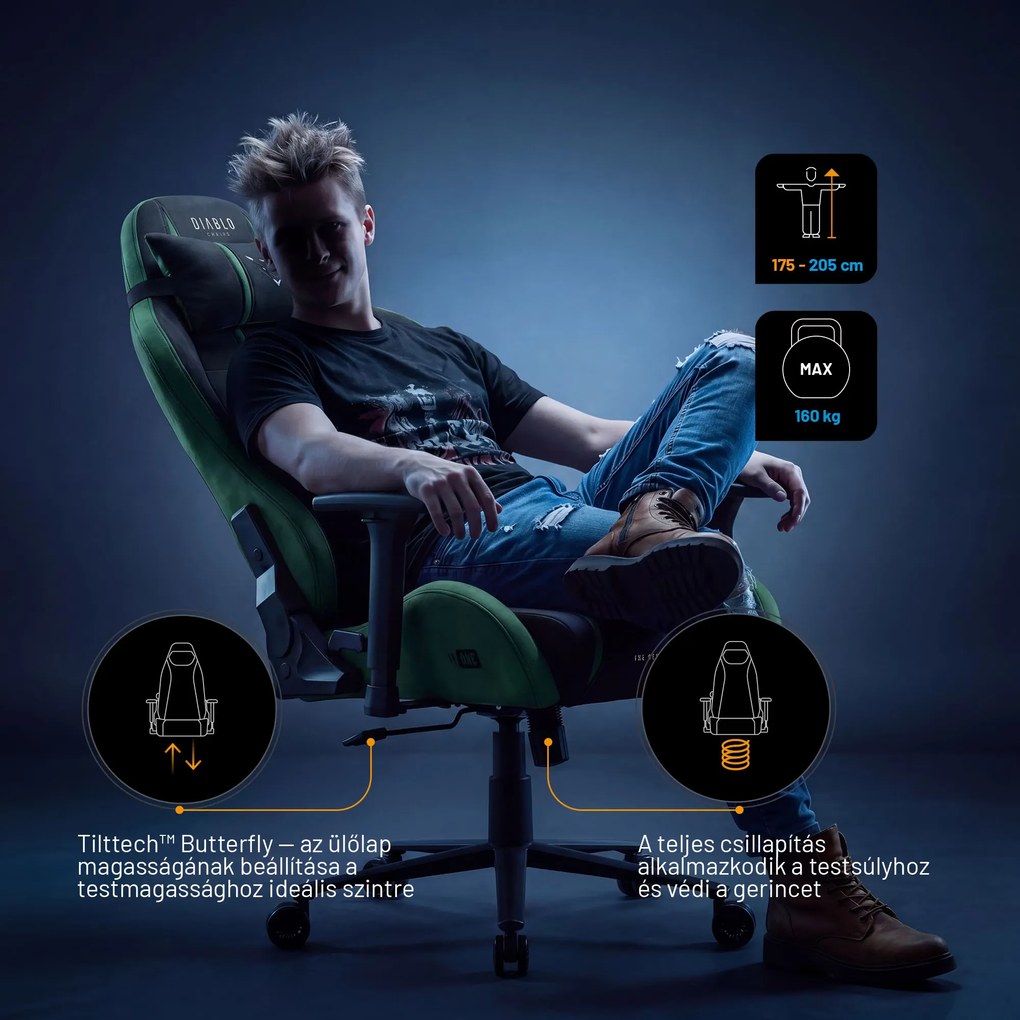 Gamer szék szövet King Size, fekete-zöld: Diablo X-One 2.0 Forest Green