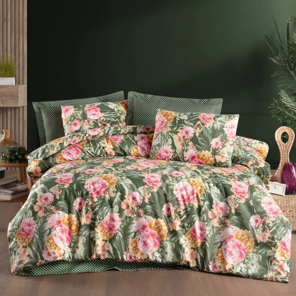 Victoria zöld pamut ágyneműhuzat TiaHome - 1x Párna 90x70cm, 1x Paplan 140x200cm