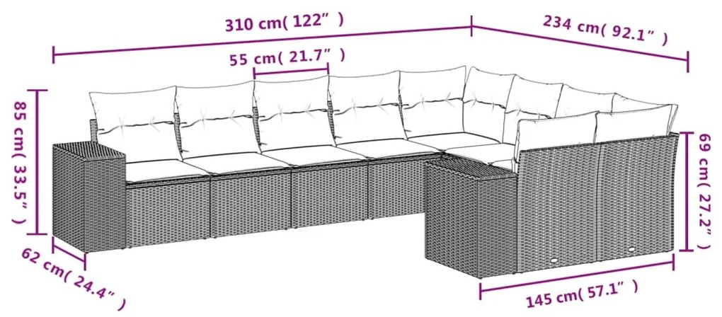 9 részes fekete polyrattan kerti ülőgarnitúra párnákkal