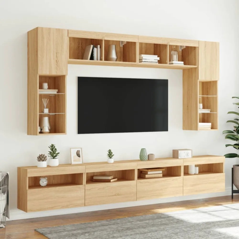 2 db sonoma tölgy színű fali TV-szekrény LED-del 60x30x40 cm
