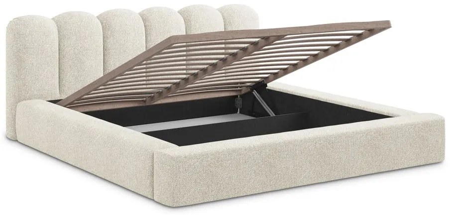 Bézs kárpitozott ágyneműtartós franciaágy ágyráccsal 160x200 cm Mano – Makamii