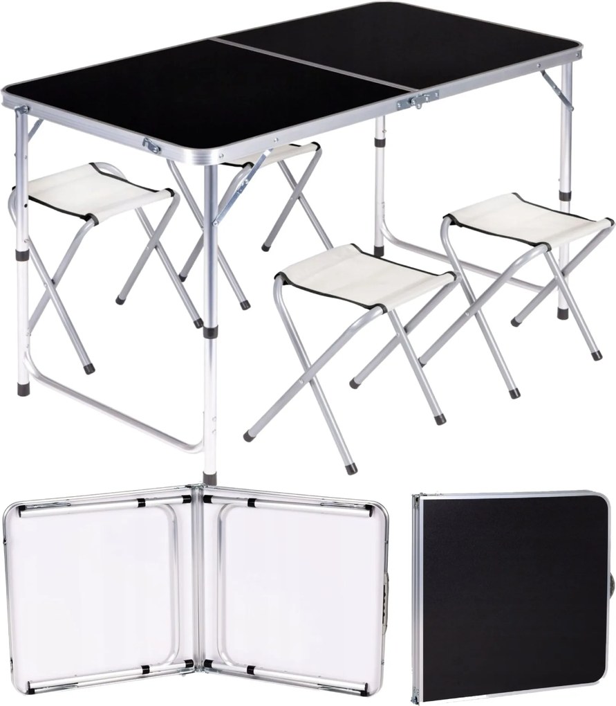 Turista asztal Összecsukható kerti asztal Bőrönd 4 szék 120x60cm