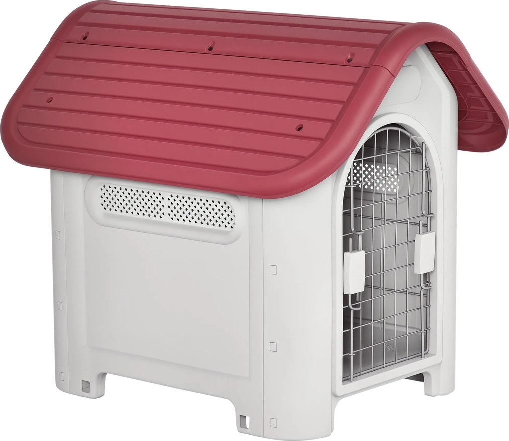 PawHut Kutyaház Kültéri Kennel Tetőablakkal és Ajtóval Kisebb Kutyák és Kisállatok Számára, Légtérés, Vízálló Fém Műanyag Piros + Világosszürke 59 x 7