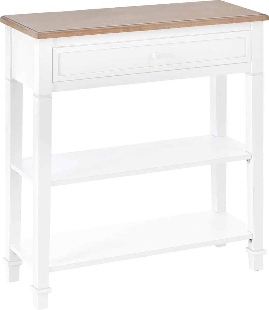 HOMCOM Multifunkcionális Konzol Asztal Oldal Asztal Előszobába Étkezőbe 2 Polccal 1 Kivehető Fiókkal Retro Stílusú Fogantyú Fenyő 75,6x27,5x80,5 cm Te