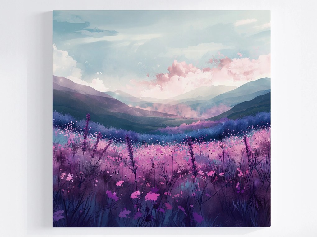 Poszter Tájkép Hajnal Hegyek Rét Virágok Köd 40x40