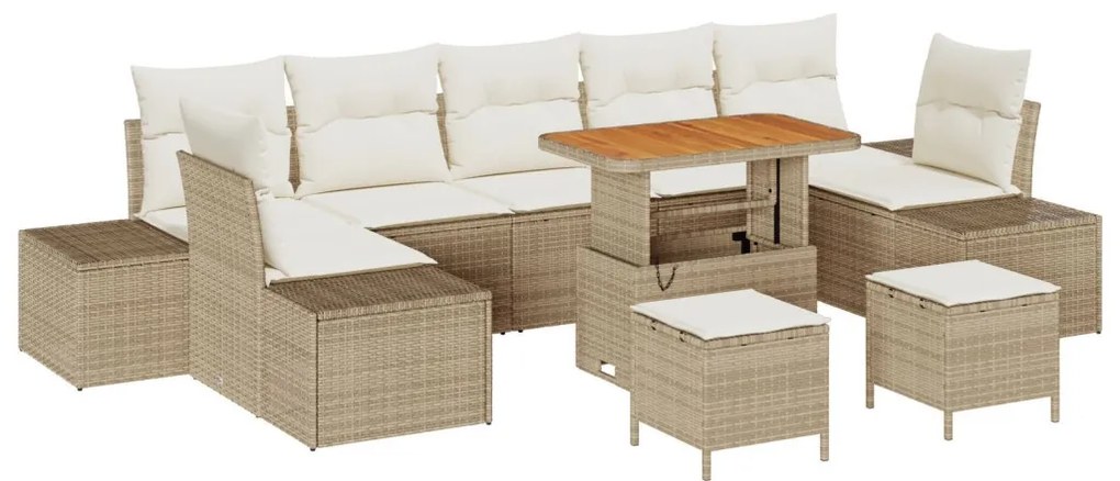 10 darabos kert kanapé szett párnákkal Bézs poly rattan akácia, 2 személyes kert kanapé párnákkal Bézs poly rattan, 3 darabos kert étkező szett párnákkal Bézs poly rattan akácia