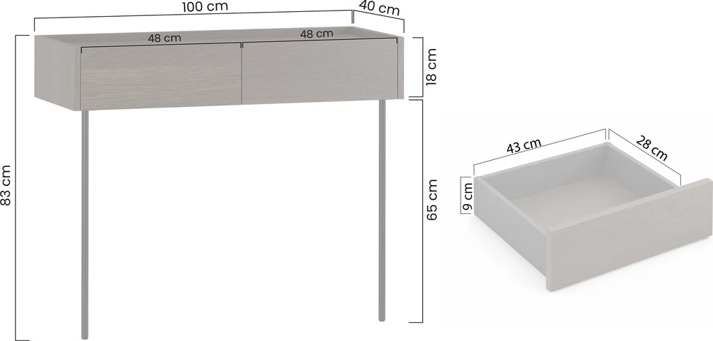 Dunari fiókos fémlábas konzolasztal 100 cm - dunin tölgy
