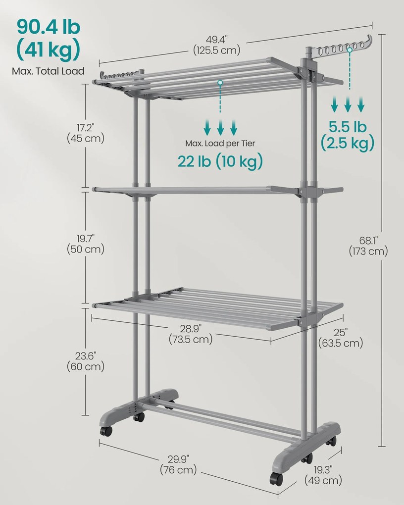 SONGMICS gurulós ruhaszárító, 4 szintes, összecsukható, rozsdamentes acél, 173 cm magas