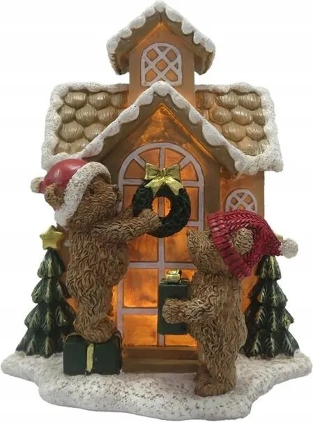 Világító mézeskalács házikó macikkal 15*10*18 cm