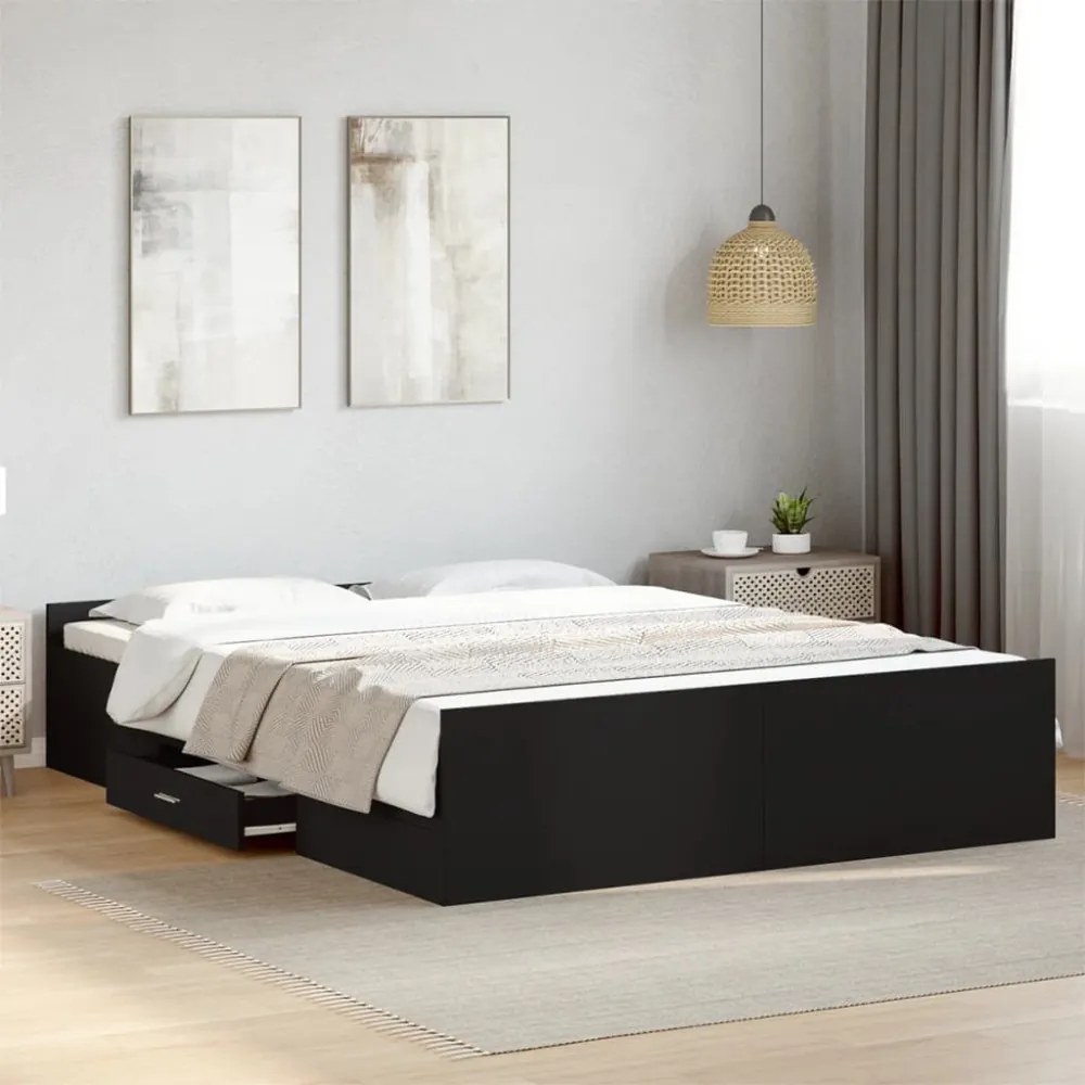 fekete szerelt fa ágykeret fiókkal 150 x 200 cm