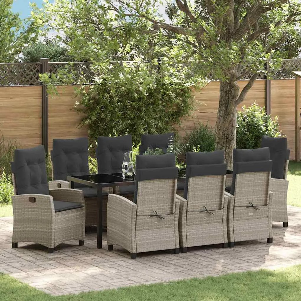 vidaXL Kert étkező szett párnával 9 pcs Világosszürke polirattan