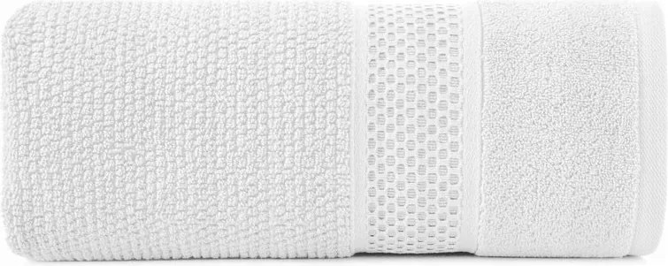 Törölköző 50x90 cm fehér, dombornyomott szegéllyel és fényes szállal, 500 g/m2