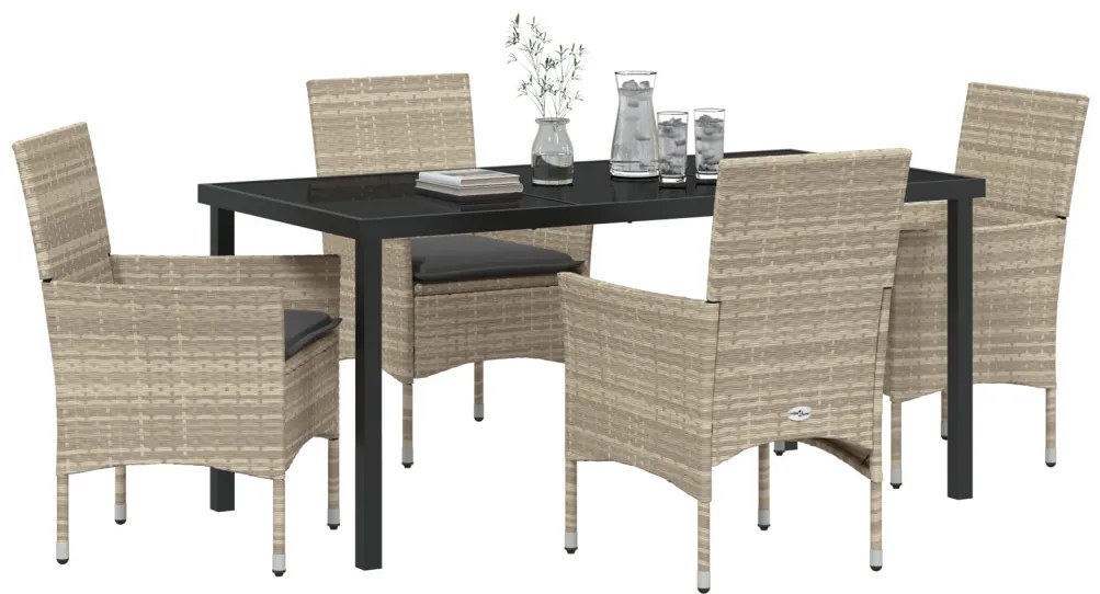 5 Részes Kerti Étkező Szett Párnákkal Világosszürke Poly Rattan, Kerti Asztal Fekete 160x80x73 cm Edzett Üveg