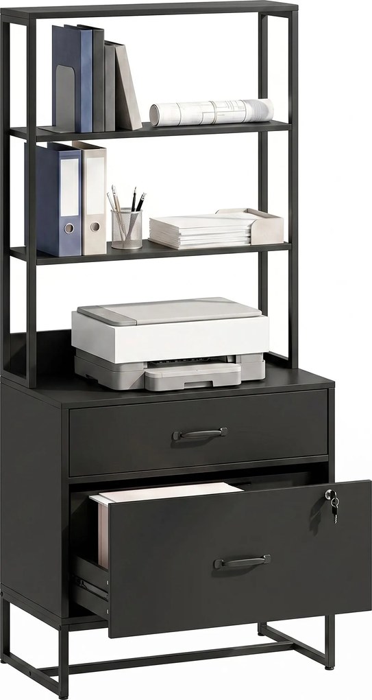 HOMCOM Filing Cabinet Office Storage with Bookshelf for A4, Letter & Legal Files, 2 Drawers, Printer Stand, Black | Aosom