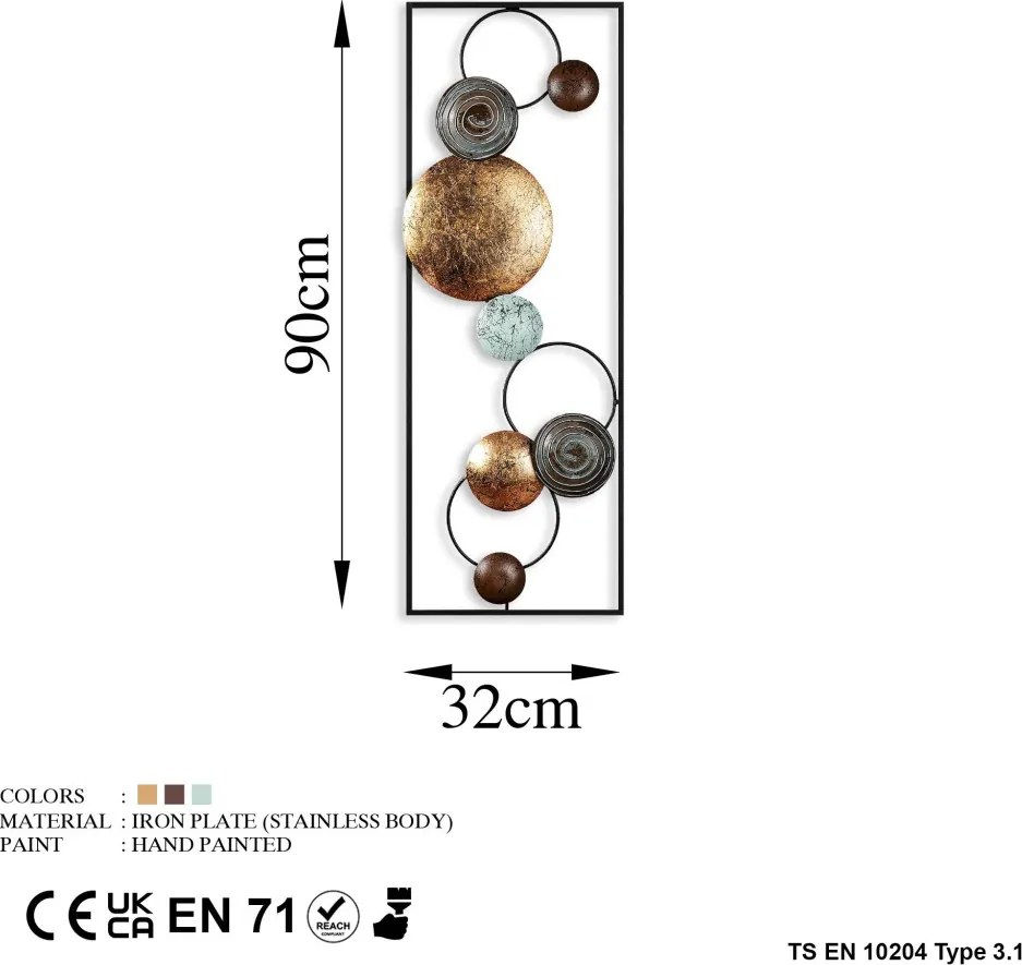 Fém fali dekoráció, circles, arany-kék 90x32 cm