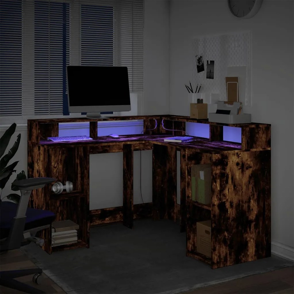 füstös tölgy színű szerelt fa íróasztal LED-ekkel 130x130x91 cm