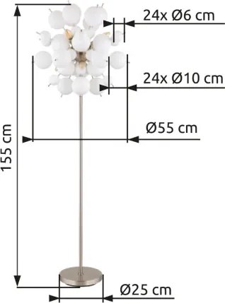 Globo 15633SO Állólámpa fém nikkel matt, fehér színű üveggömbök, fekete PVC kábel, lábpedálos kapcsoló a kábelen, ø: 550mm, M: 1550mm, kábel hossza 1800mm, üveggömbök átmérője: 24 x 6 cm, 24 x 10 cm, 6x E14 25W 230V izzók nélkül