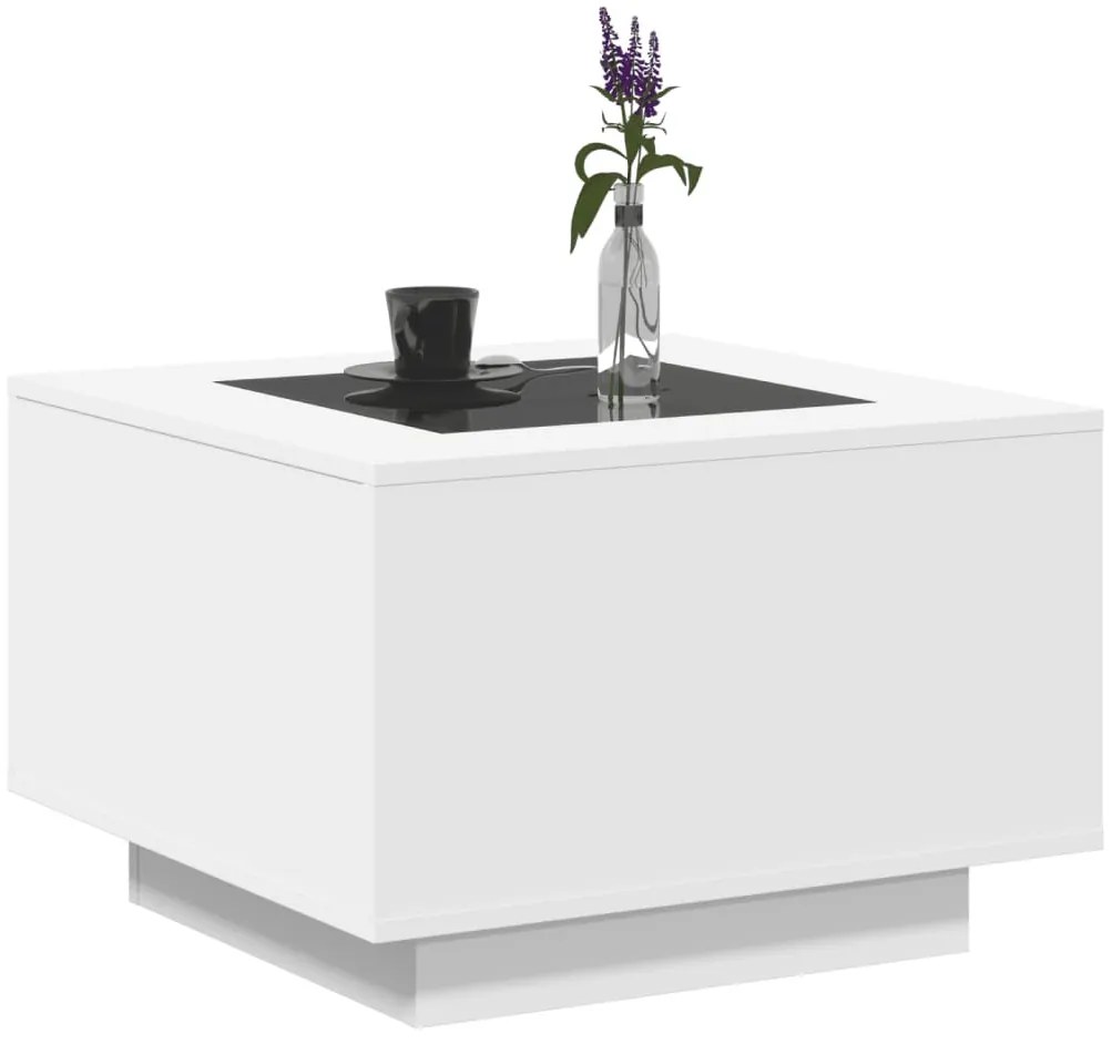 Fehér szerelt fa dohányzóasztal LED-lámpákkal 60 x 60 x 40 cm