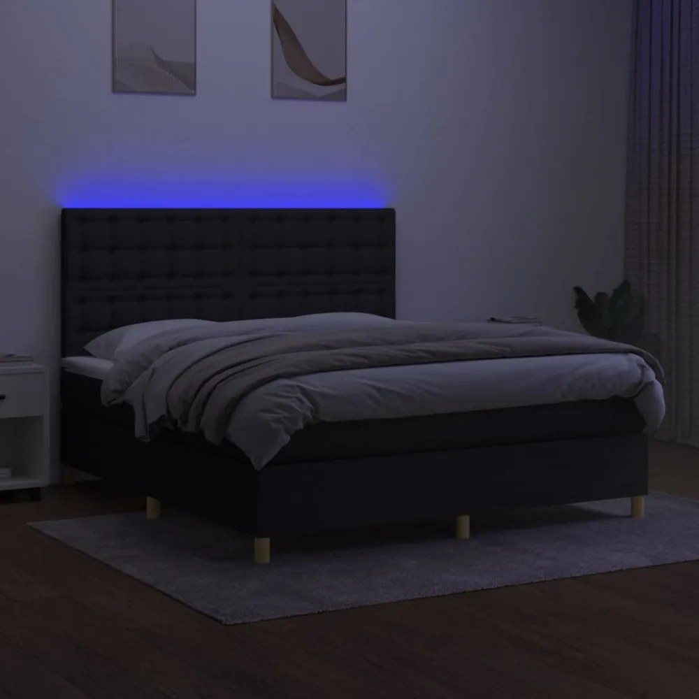 fekete szövet rugós és LED-es ágy matraccal 160x200 cm