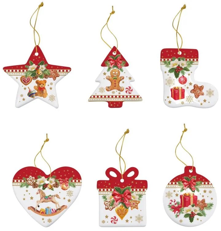 Karácsonyi porcelán díszek, 6 db-os szett, 7 cm, díszdobozban - Christmas Memories