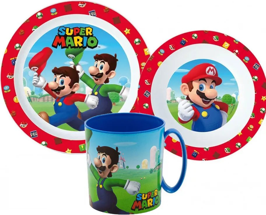 Super Mario Mushroom Kingdom étkészlet, micro műanyag szett bögrével 350 ml