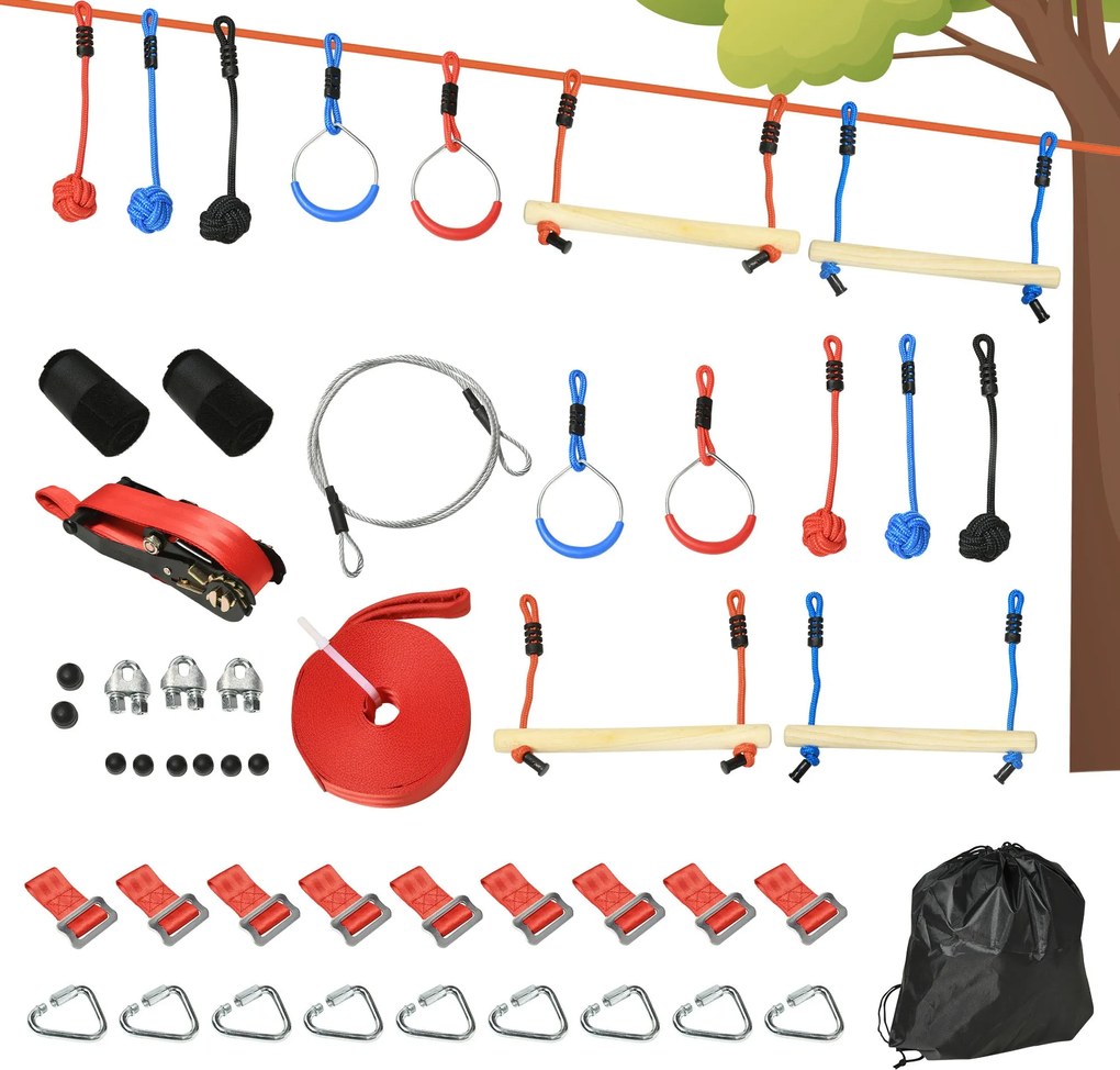Outsunny Ninja Slackline Szett 30 db, 10m Kötél Akadályokkal, Mászókeret, Kültéri Mászó Edzés, Játékfelszerelés 3-6 Éves Gyerekeknek, Gimnasztikai Gyű