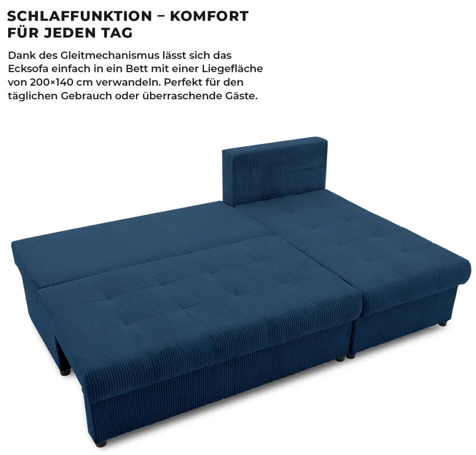 Venezia sarokkanapé, kordbársony, univerzális oldal, hab töltet, kék