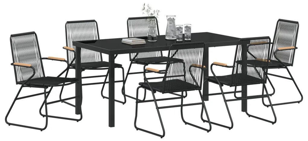 7 Részes Kerti Étkező Szett Fekete PVC Rattan