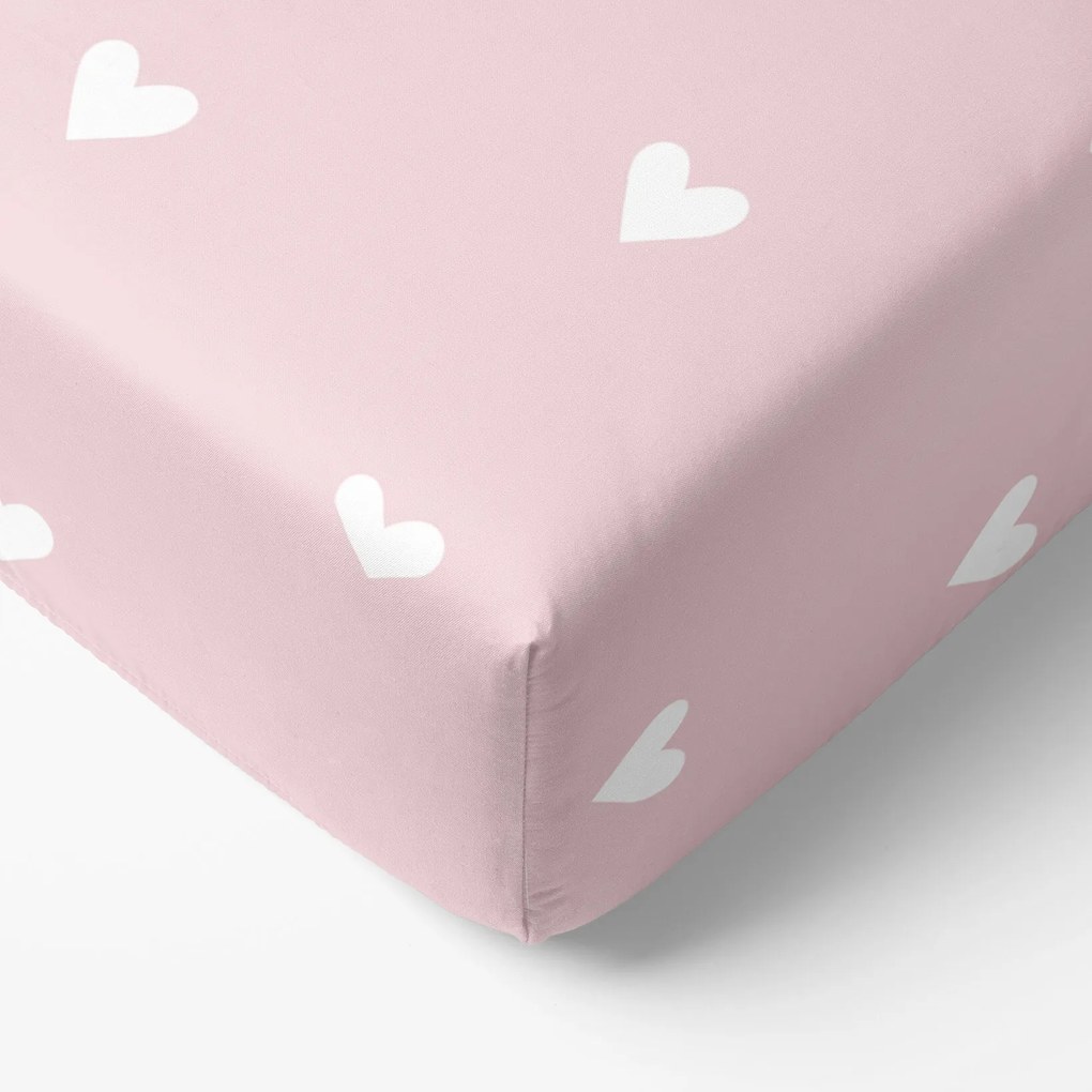 Goldea pamut gumis lepedő - szívecskék, púderrózsaszín alapon 90 x 200 cm