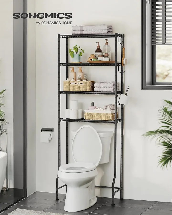 SONGMICS 4 Szintes WC feletti Állvány Akasztókkal és Toalettpapír-tartóval, 30 × 63 × 176 cm, Fekete