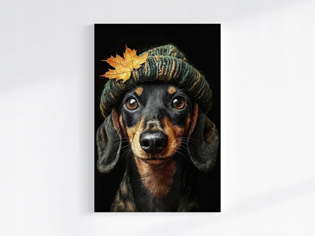 Canvas Vászonkép Portré Kutya Tacskó Sapka Ősz Sárga Levél 40x60