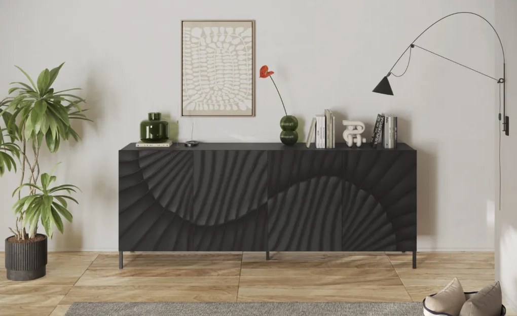 SNAKE négyajtós komód, antracitszürke laminált testtel és antracitszürke, díszített mintázatú előlapokkal