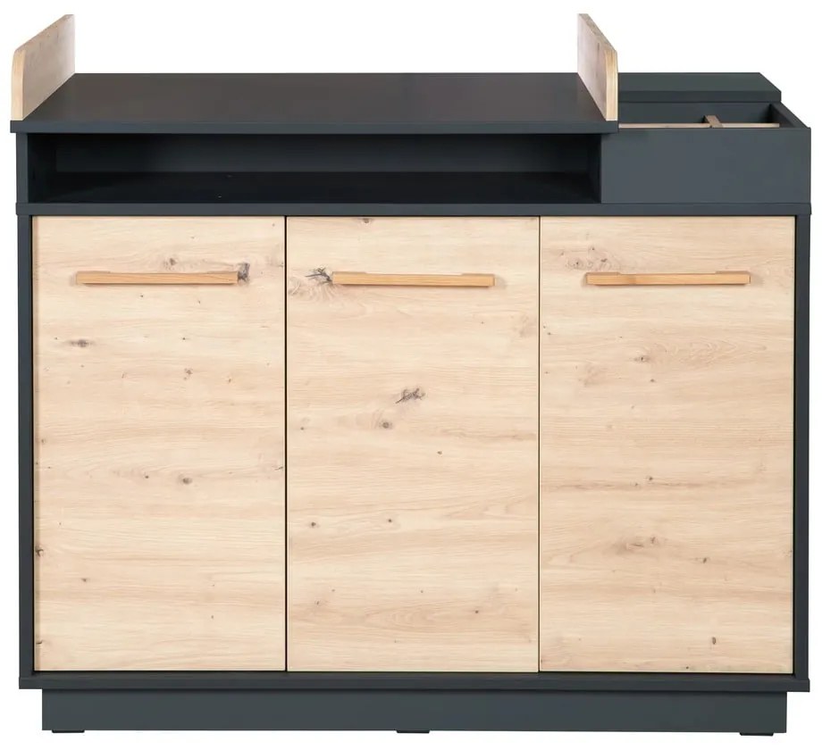 Antracitszürke-natúr színű alacsony gyerek komód pelenkázó feltéttel tölgyfa dekorral 118x103 cm Lenn – Roba