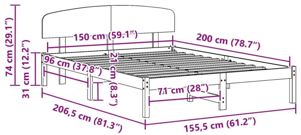 vidaXL Ágykeret fejtámlával Természetes 150 x 200 cm Tömör fenyőfa