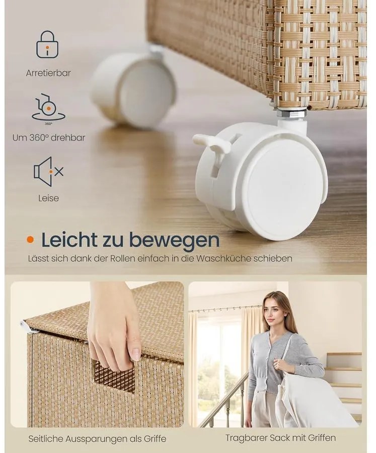 Szennyeskosár 2 rekesszel, 100 literes fedeles ruháskosár natúr bézs és matt fehér színben