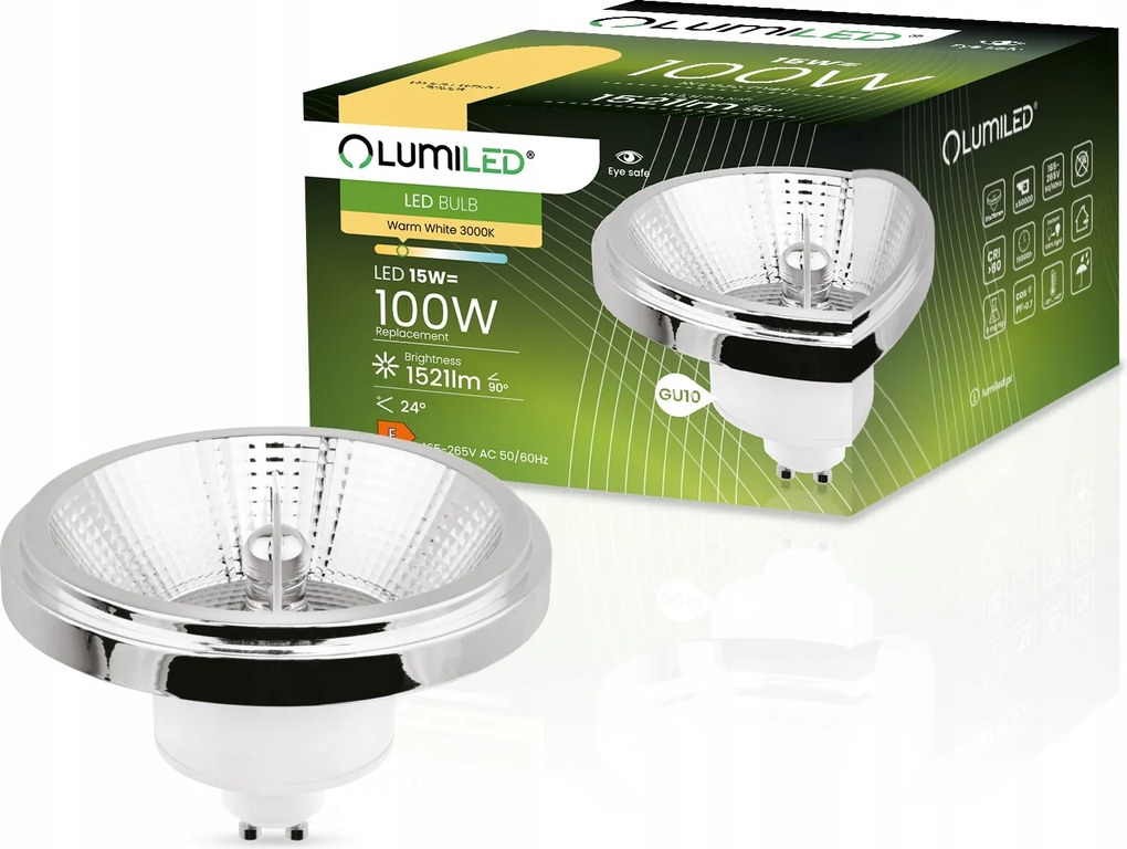 Led izzó AR111 ES111 GU10 15W 100W 3000K Meleg 24° Ezüst Lumiled