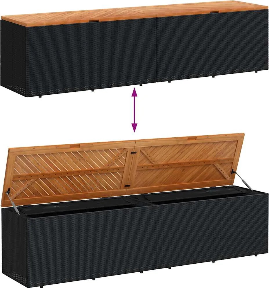 Fekete Polyrattan És Akácfa Kerti Tárolóláda 220 X 50 X 54 Cm