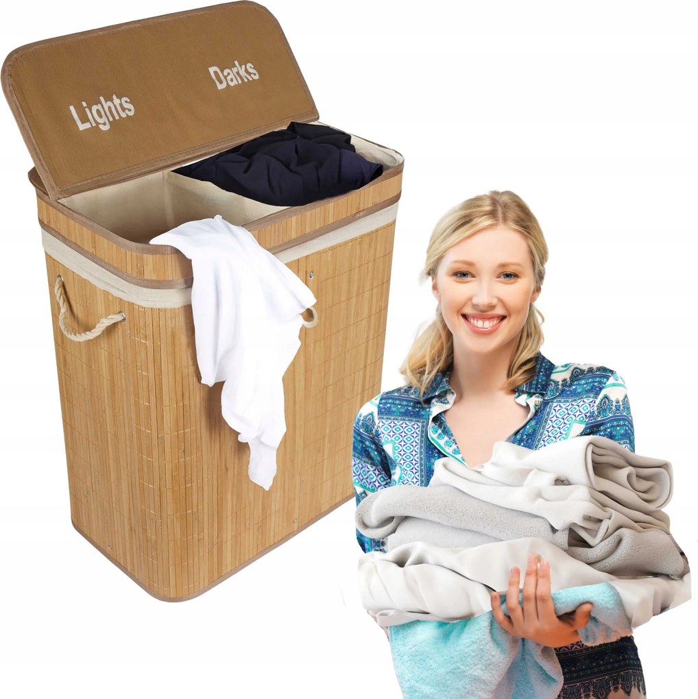 Szennyestartó Kosár Bambusz Nagy 105L Kétrekeszes Összecsukható Fedéllel