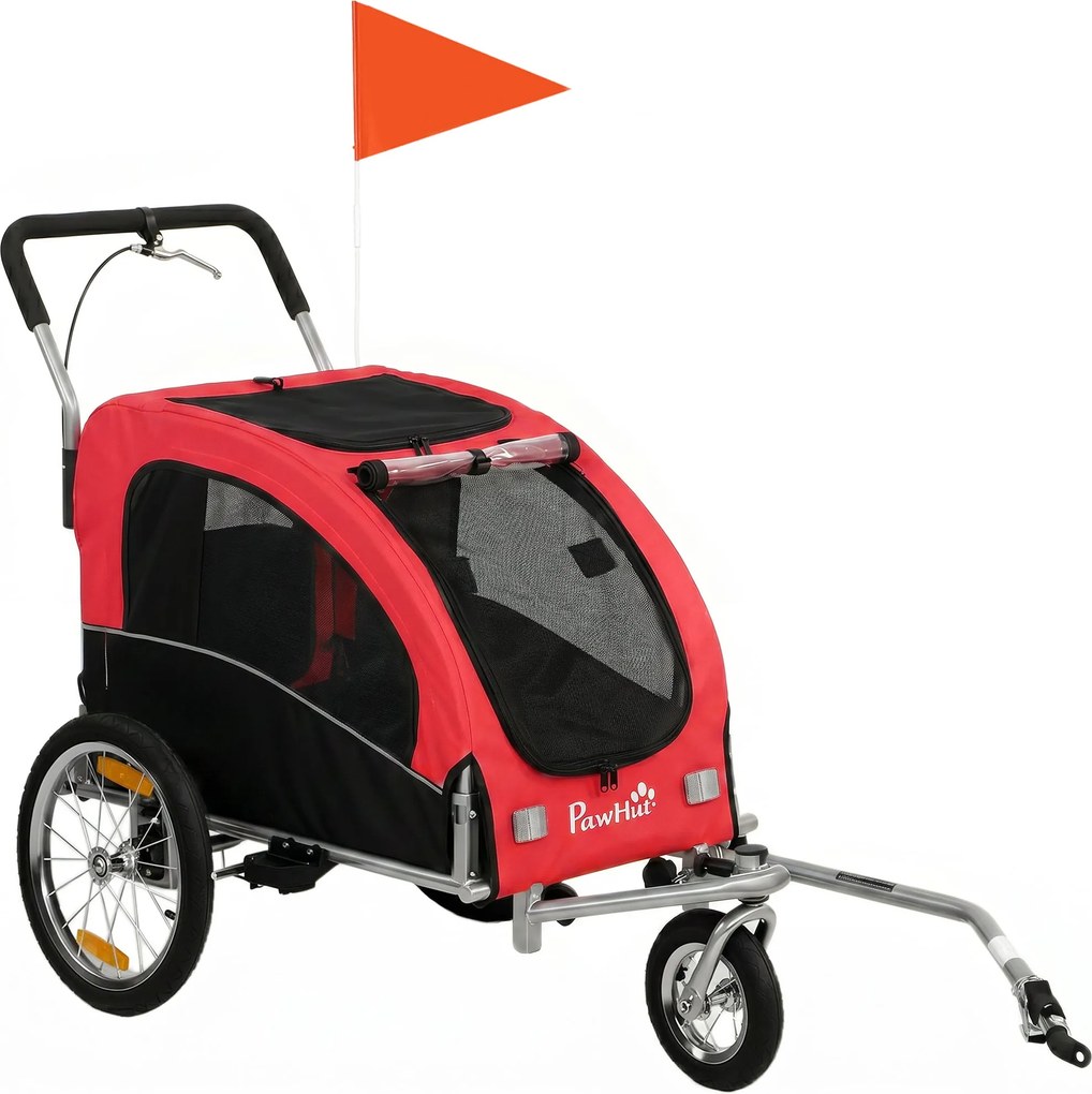 PawHut 2-in-1 Dog Bike Trailer & Stroller for Medium Dogs with Suspension, Quick-Release Wheels, Reflectors, Large Mesh Windows, Hand Brake, Safety Fl