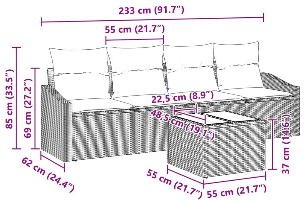5 darabos kert kanapé szett párnákra
