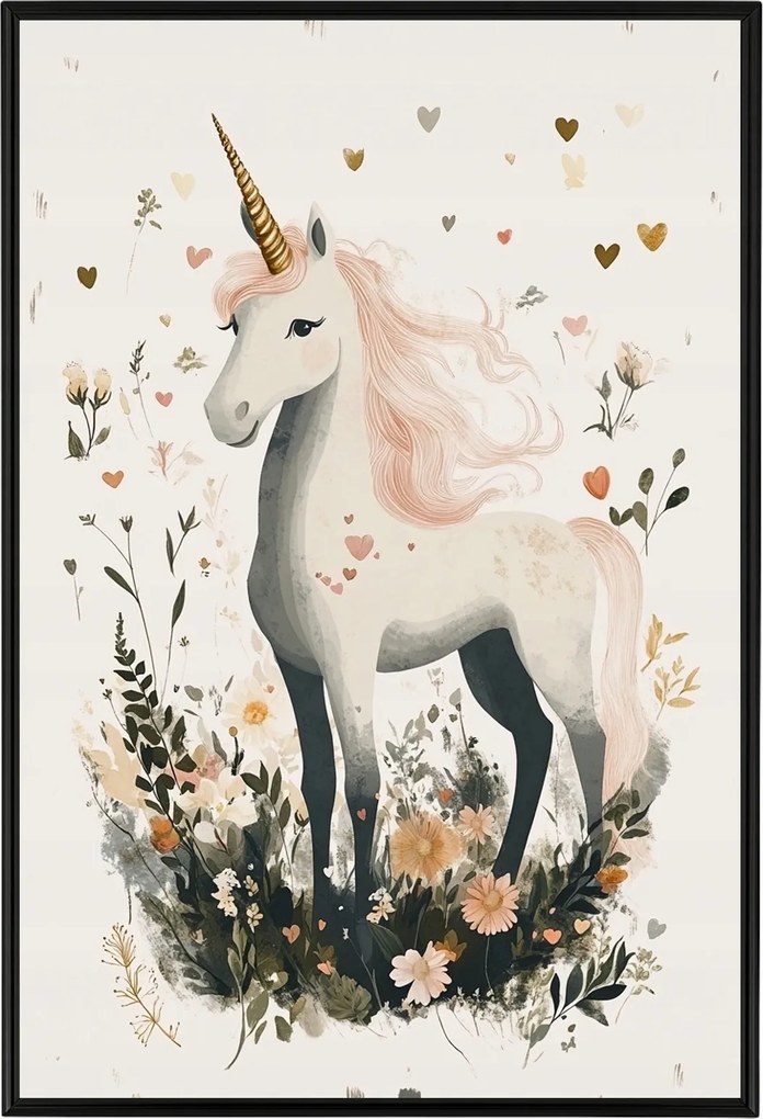 Poszter Alumínium Keret Gyerekek Unikornis Virágok Szív Mese Legenda 40x60