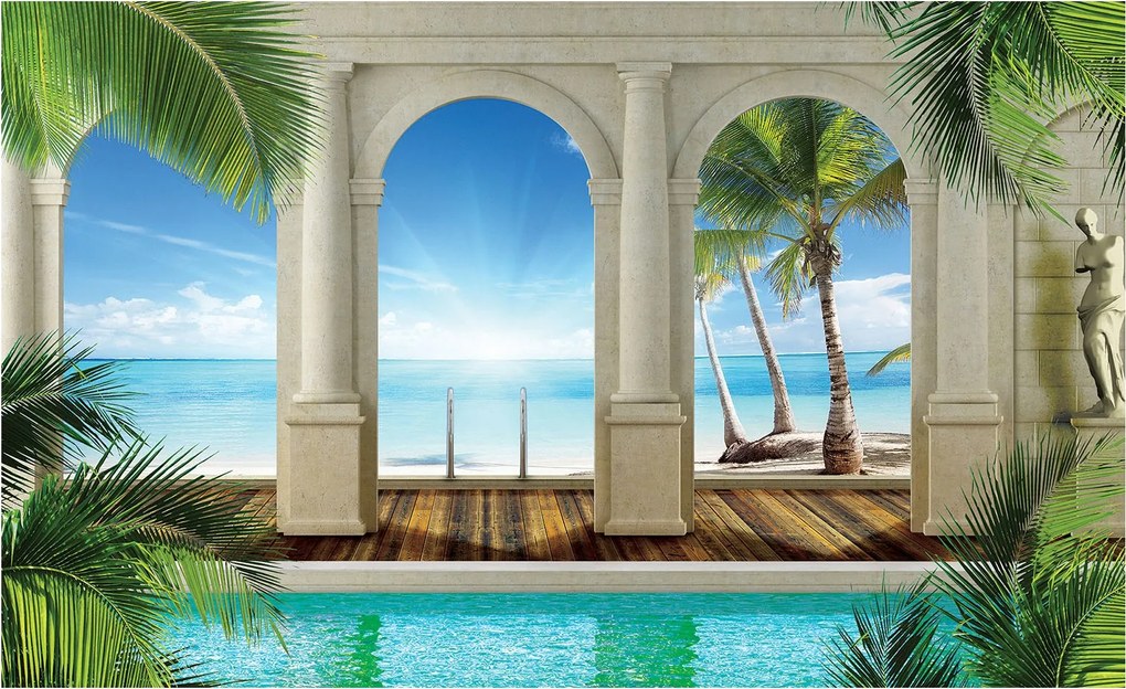 Flizelin fotótapéta Paradicsom tengerpart Óceán pálmafák Pihenés Nap 250x175 +ragasztó