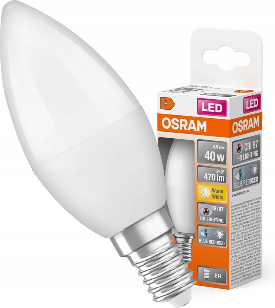 Led izzó B37 Gyertya E14 4.9W 40W 470lm 2700K Meleg CRI97 200° Osram