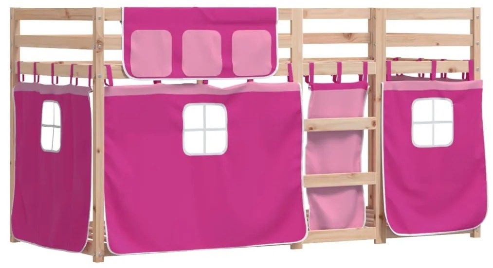 rózsaszín tömör fenyőfa emeletes ágy függönyökkel 75 x 190 cm