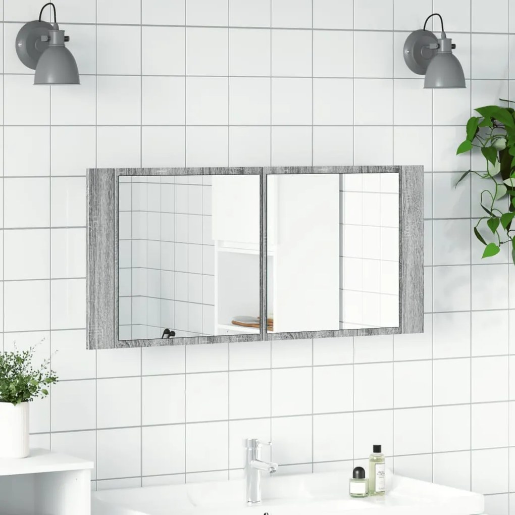 szürke sonoma LED-es tükrös fürdőszobaszekrény 100 x 12 x 45 cm